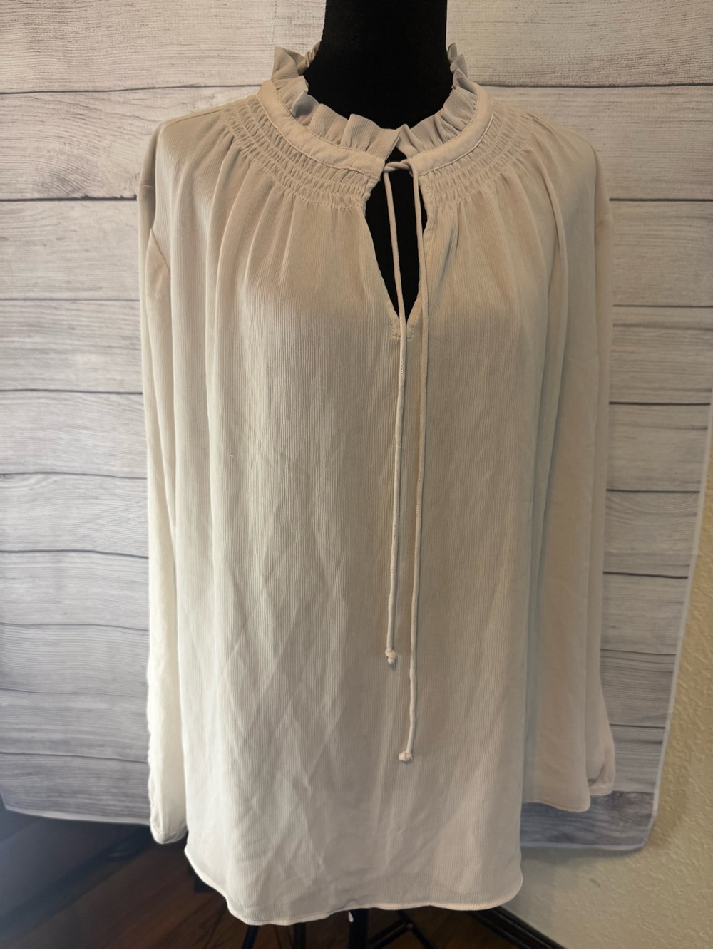 Ann Taylor Cream Ruffled Smocked Neck Tie Blouse